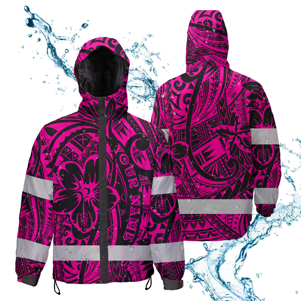Hi Vis Jacket Waterproof And Windproof Reflective Tapes Pink Flower Hawaiian Polynesian Tribal Custom