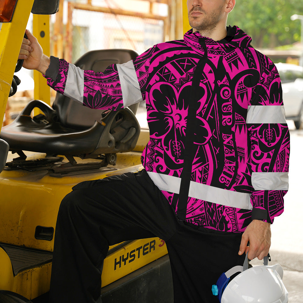 Hi Vis Jacket Waterproof And Windproof Reflective Tapes Pink Flower Hawaiian Polynesian Tribal Custom