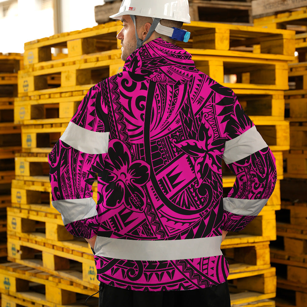 Hi Vis Jacket Waterproof And Windproof Reflective Tapes Pink Flower Hawaiian Polynesian Tribal Custom