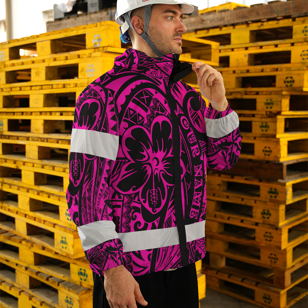 Hi Vis Jacket Waterproof And Windproof Reflective Tapes Pink Flower Hawaiian Polynesian Tribal Custom