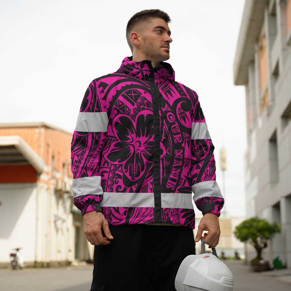 Hi Vis Jacket Waterproof And Windproof Reflective Tapes Pink Flower Hawaiian Polynesian Tribal Custom