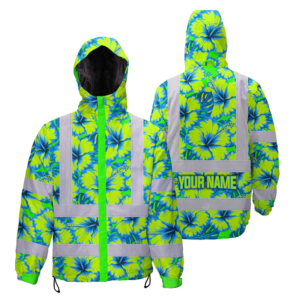 Hi Vis Jacket Waterproof Reflective Tapes Blue Neon And Green Flowers Custom Name Safety Workwear For Workers, Truckers, Operators