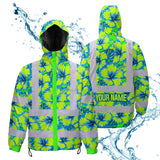 Hi Vis Jacket Waterproof Reflective Tapes Blue Neon And Green Flowers Custom Name Safety Workwear For Workers, Truckers, Operators