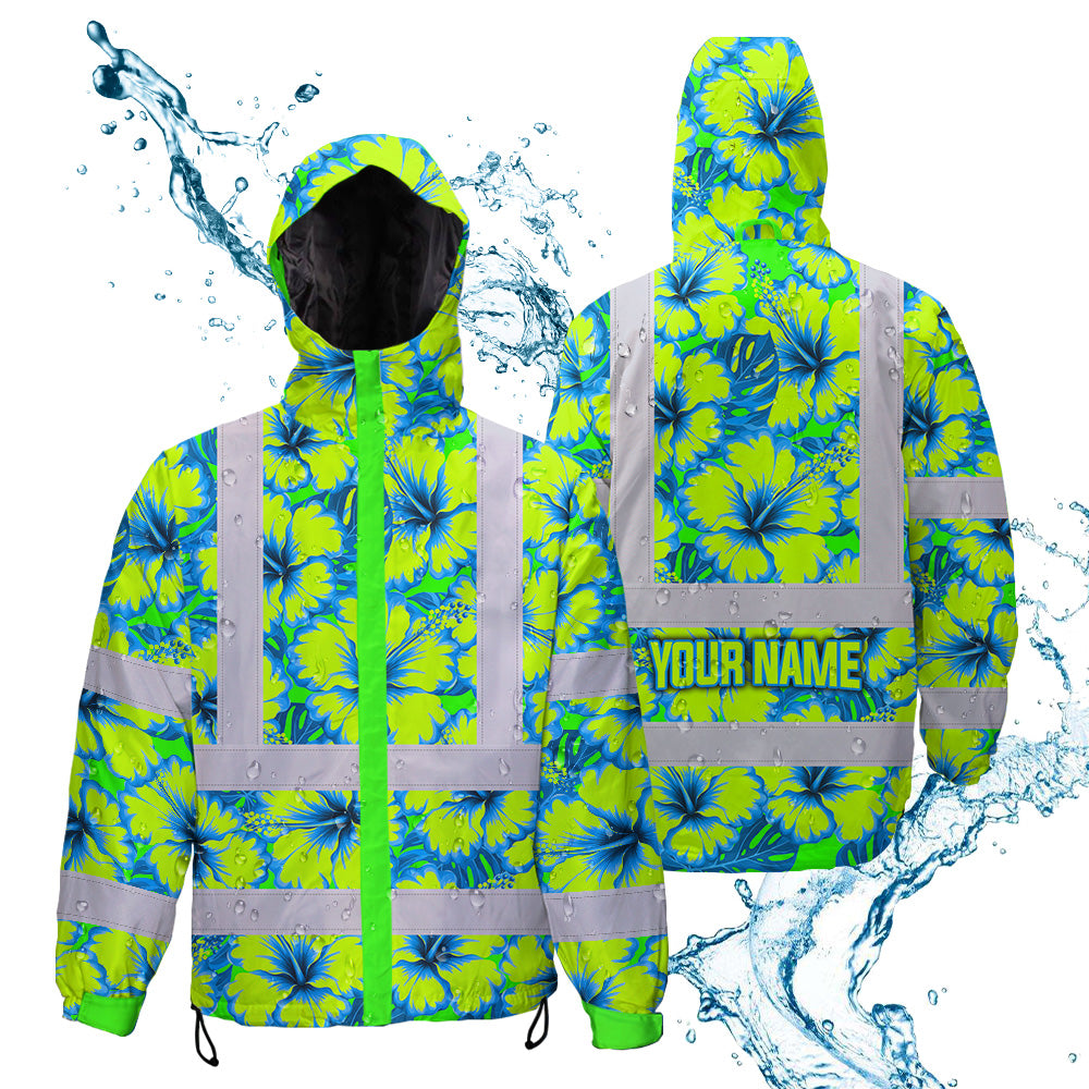 Hi Vis Jacket Waterproof Reflective Tapes Blue Neon And Green Flowers Custom Name Safety Workwear For Workers, Truckers, Operators