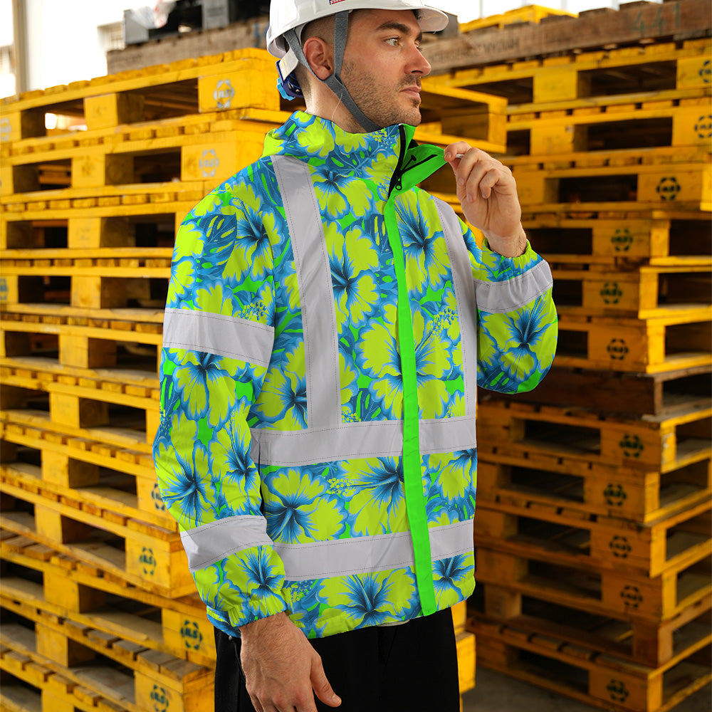 Hi Vis Jacket Waterproof Reflective Tapes Blue Neon And Green Flowers Custom Name Safety Workwear For Workers, Truckers, Operators