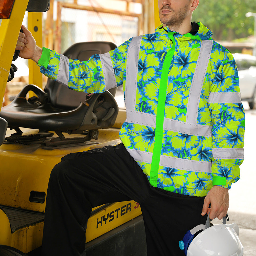 Hi Vis Jacket Waterproof Reflective Tapes Blue Neon And Green Flowers Custom Name Safety Workwear For Workers, Truckers, Operators