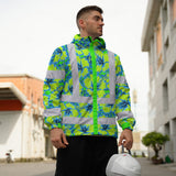 Hi Vis Jacket Waterproof Reflective Tapes Blue Neon And Green Flowers Custom Name Safety Workwear For Workers, Truckers, Operators