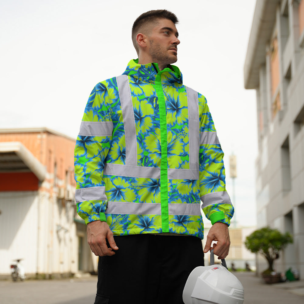 Hi Vis Jacket Waterproof Reflective Tapes Blue Neon And Green Flowers Custom Name Safety Workwear For Workers, Truckers, Operators