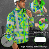 Hi Vis Jacket Waterproof Reflective Tapes Blue Neon And Green Flowers Custom Name Safety Workwear For Workers, Truckers, Operators