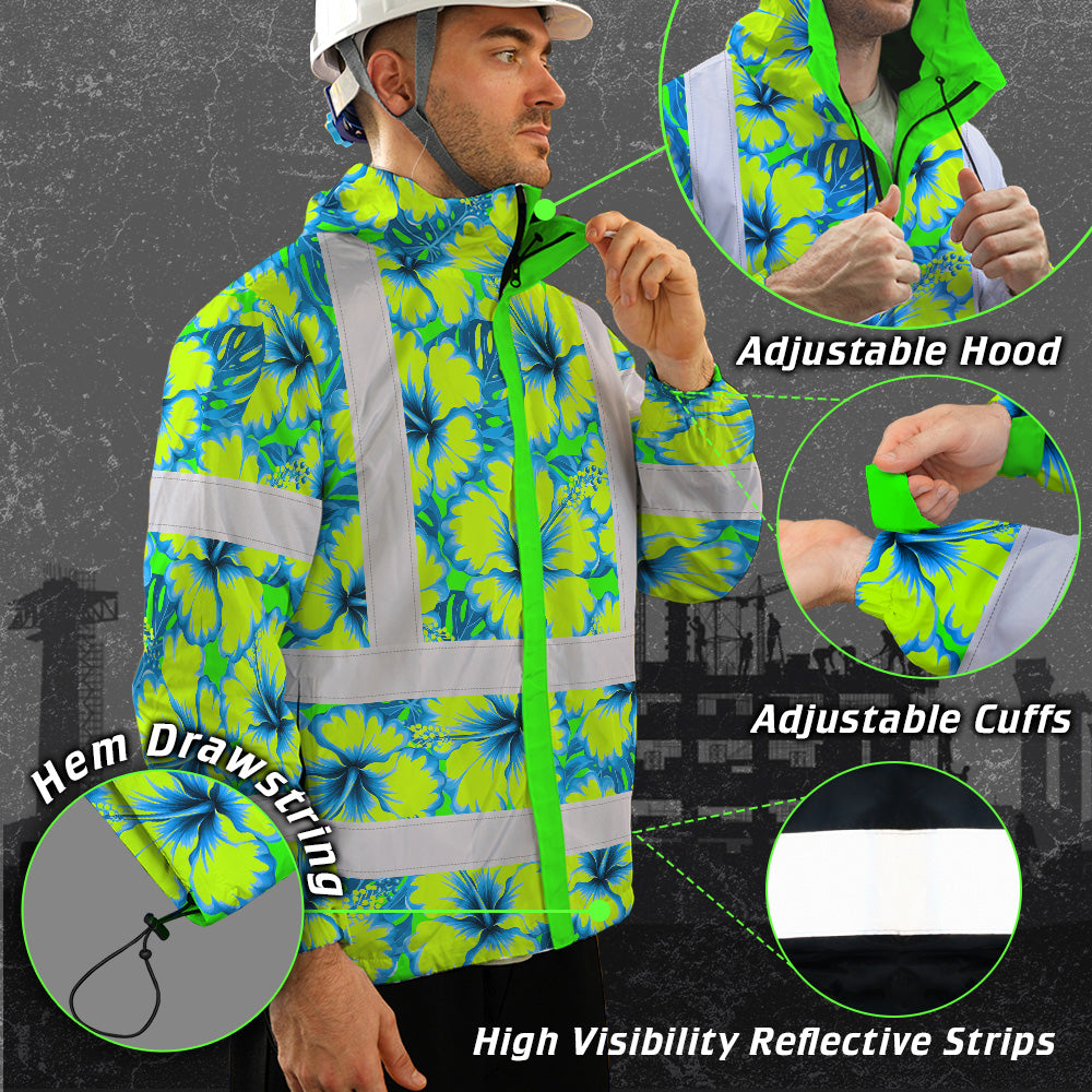 Hi Vis Jacket Waterproof Reflective Tapes Blue Neon And Green Flowers Custom Name Safety Workwear For Workers, Truckers, Operators