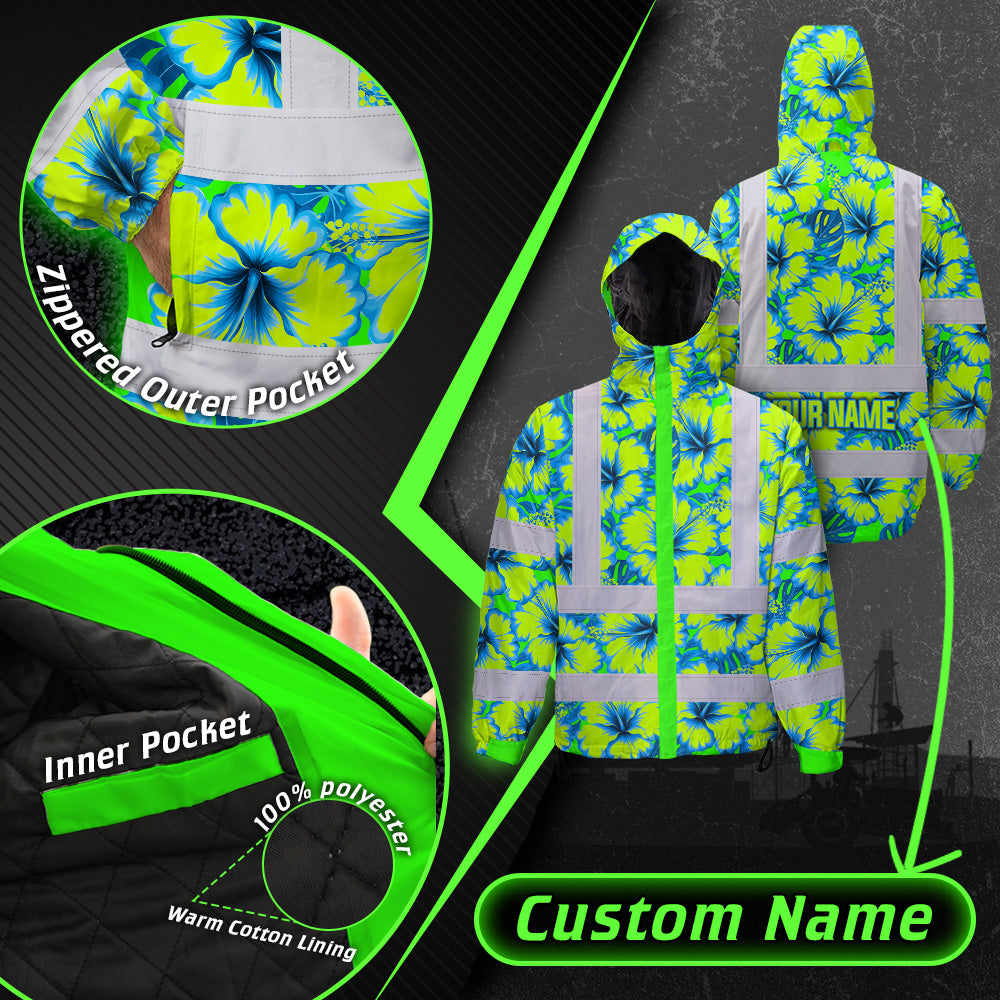 Hi Vis Jacket Waterproof Reflective Tapes Blue Neon And Green Flowers Custom Name Safety Workwear For Workers, Truckers, Operators