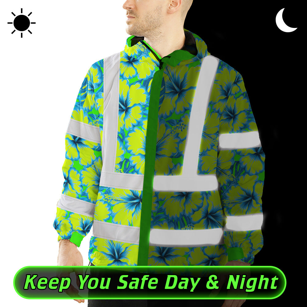 Hi Vis Jacket Waterproof Reflective Tapes Blue Neon And Green Flowers Custom Name Safety Workwear For Workers, Truckers, Operators