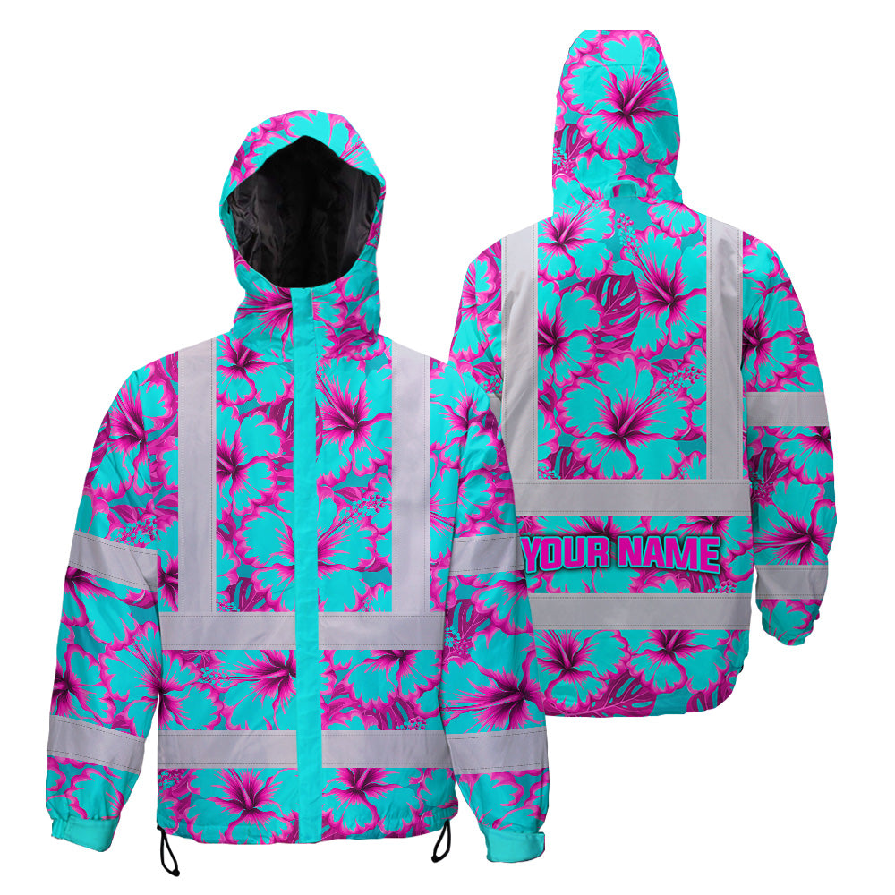 Hi Vis Jacket Waterproof Reflective Tapes Blue Neon And Pink Flowers Custom Name Safety Workwear For Workers, Truckers, Operators