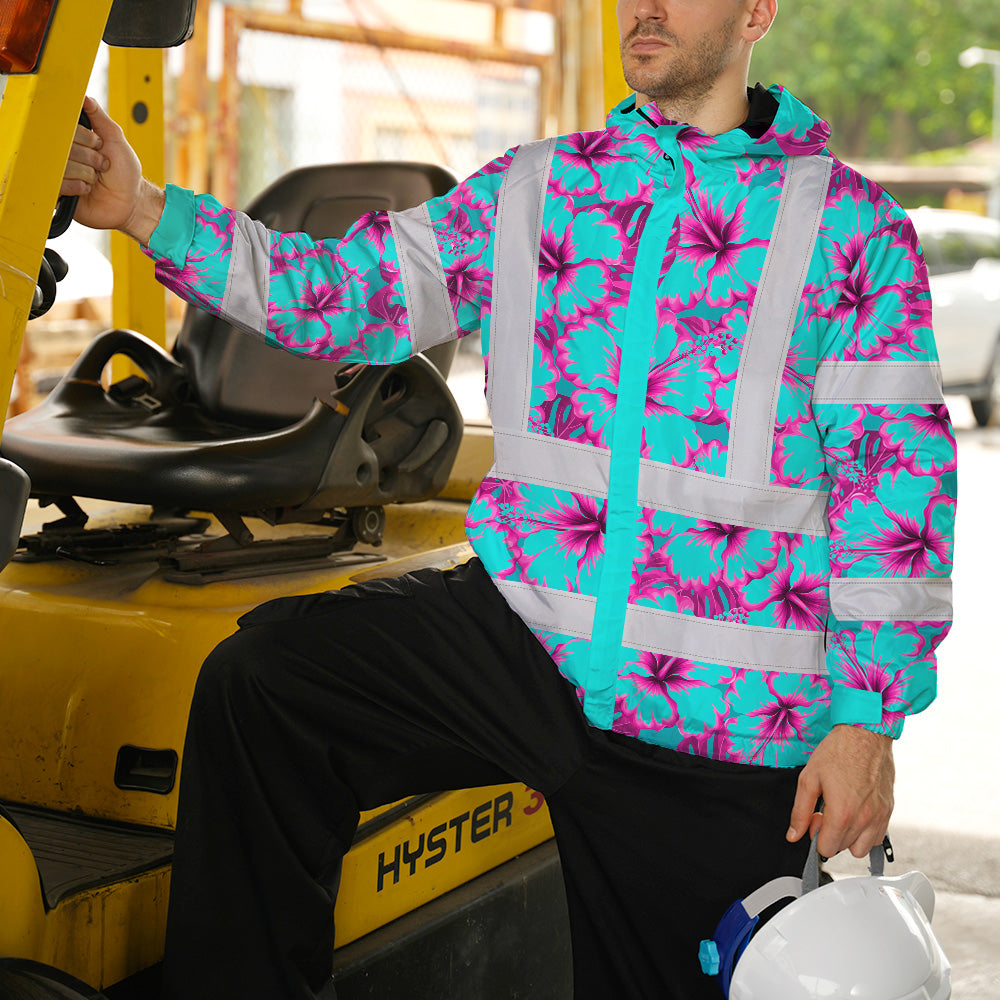 Hi Vis Jacket Waterproof Reflective Tapes Blue Neon And Pink Flowers Custom Name Safety Workwear For Workers, Truckers, Operators