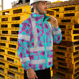 Hi Vis Jacket Waterproof Reflective Tapes Blue Neon And Pink Flowers Custom Name Safety Workwear For Workers, Truckers, Operators