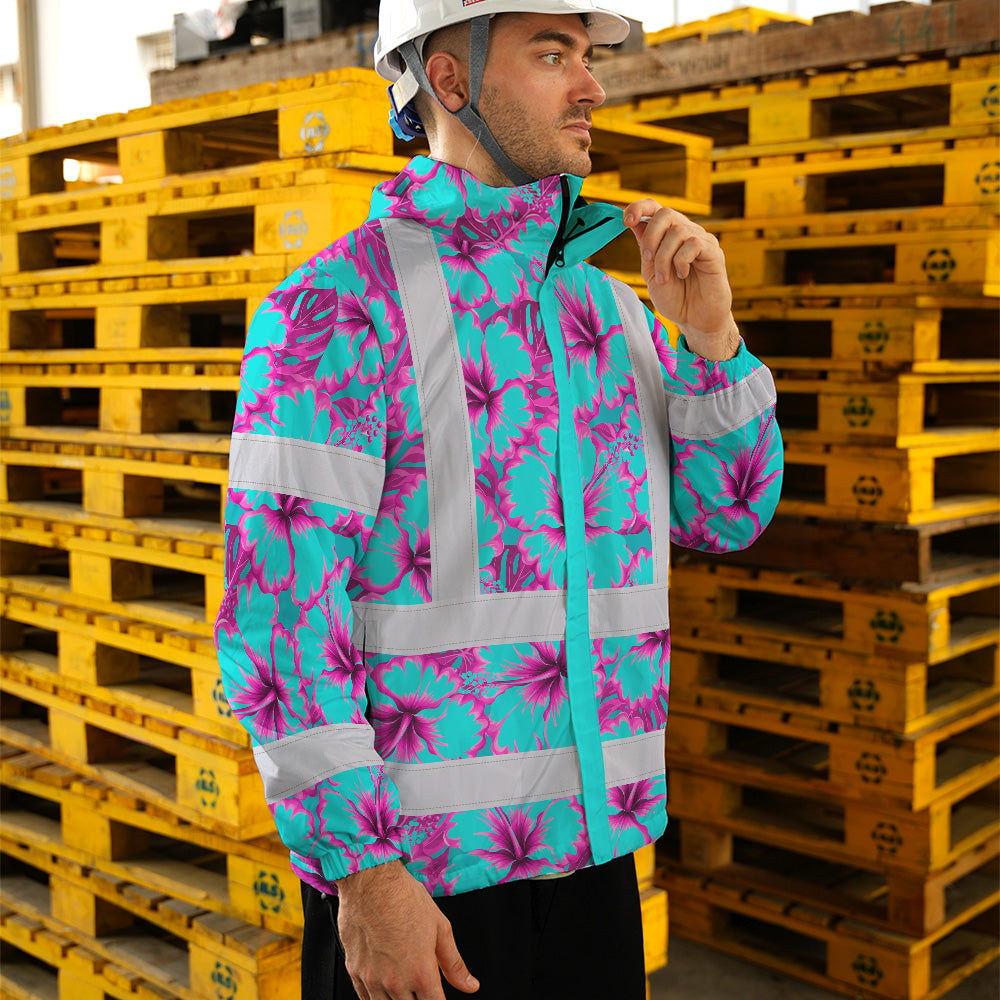 Hi Vis Jacket Waterproof Reflective Tapes Blue Neon And Pink Flowers Custom Name Safety Workwear For Workers, Truckers, Operators