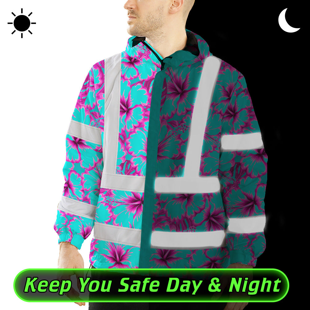 Hi Vis Jacket Waterproof Reflective Tapes Blue Neon And Pink Flowers Custom Name Safety Workwear For Workers, Truckers, Operators