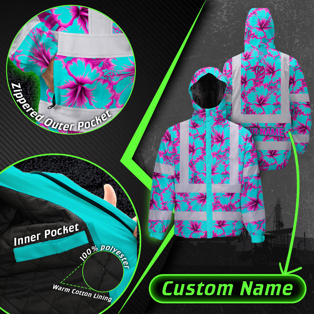 Hi Vis Jacket Waterproof Reflective Tapes Blue Neon And Pink Flowers Custom Name Safety Workwear For Workers, Truckers, Operators