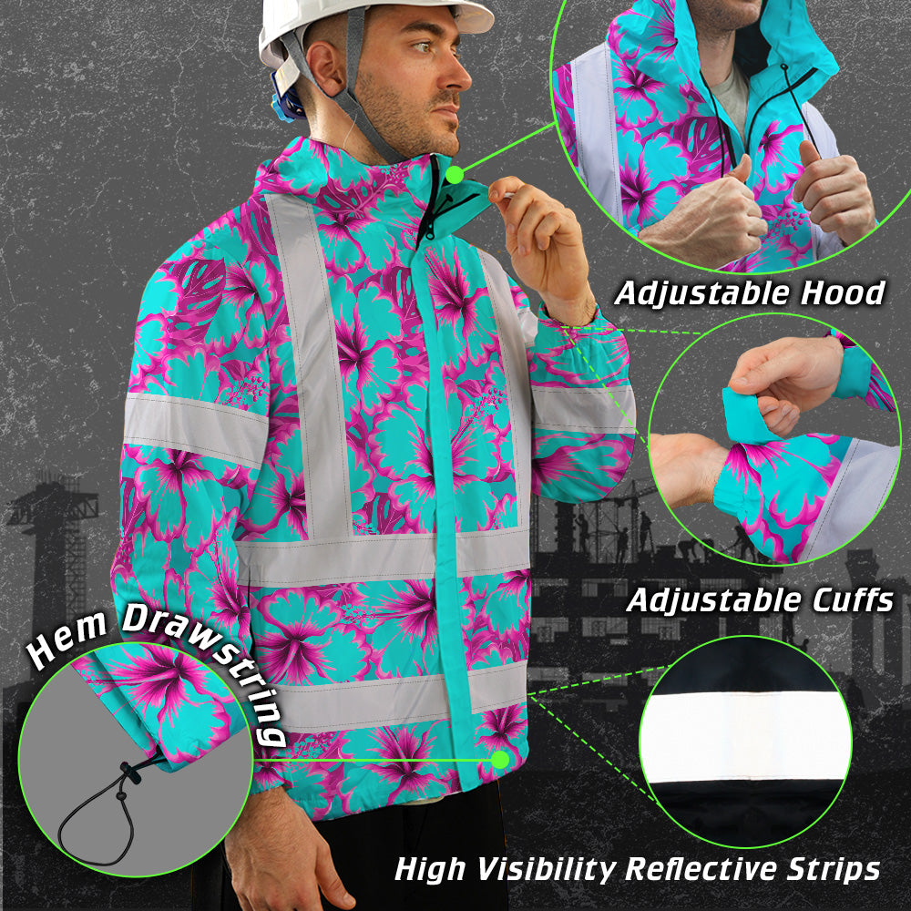 Hi Vis Jacket Waterproof Reflective Tapes Blue Neon And Pink Flowers Custom Name Safety Workwear For Workers, Truckers, Operators
