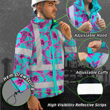 Hi Vis Jacket Waterproof Reflective Tapes Blue Neon And Pink Flowers Custom Name Safety Workwear For Workers, Truckers, Operators