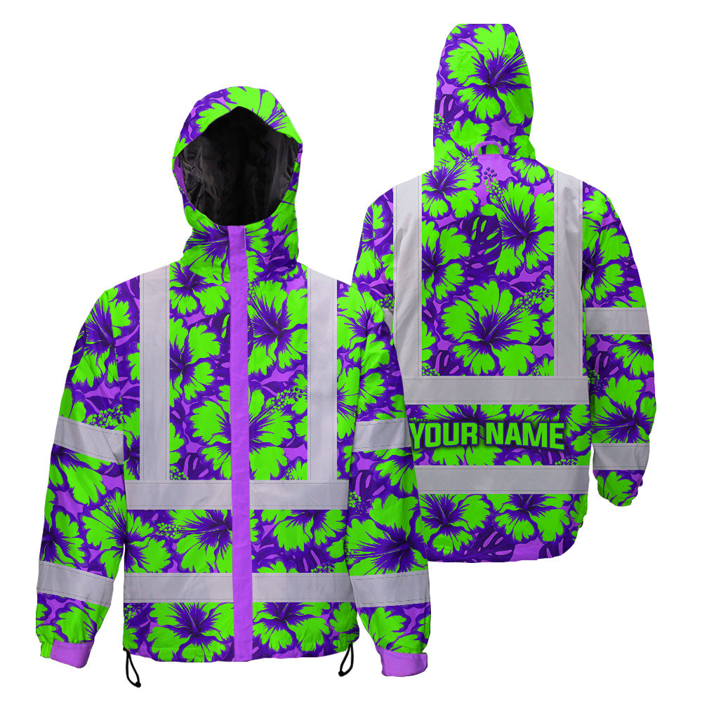 Hi Vis Jacket Waterproof Reflective Tapes Green Neon And Violet Flowers Custom Name Safety Workwear For Workers, Truckers, Operators