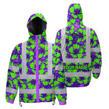 Hi Vis Jacket Waterproof Reflective Tapes Green Neon And Violet Flowers Custom Name Safety Workwear For Workers, Truckers, Operators