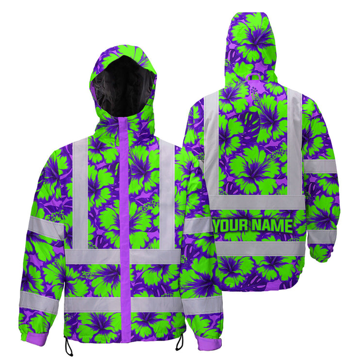 Green Neon And Violet Flowers Hi-Vis Waterproof Jacket