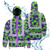 Hi Vis Jacket Waterproof Reflective Tapes Green Neon And Violet Flowers Custom Name Safety Workwear For Workers, Truckers, Operators
