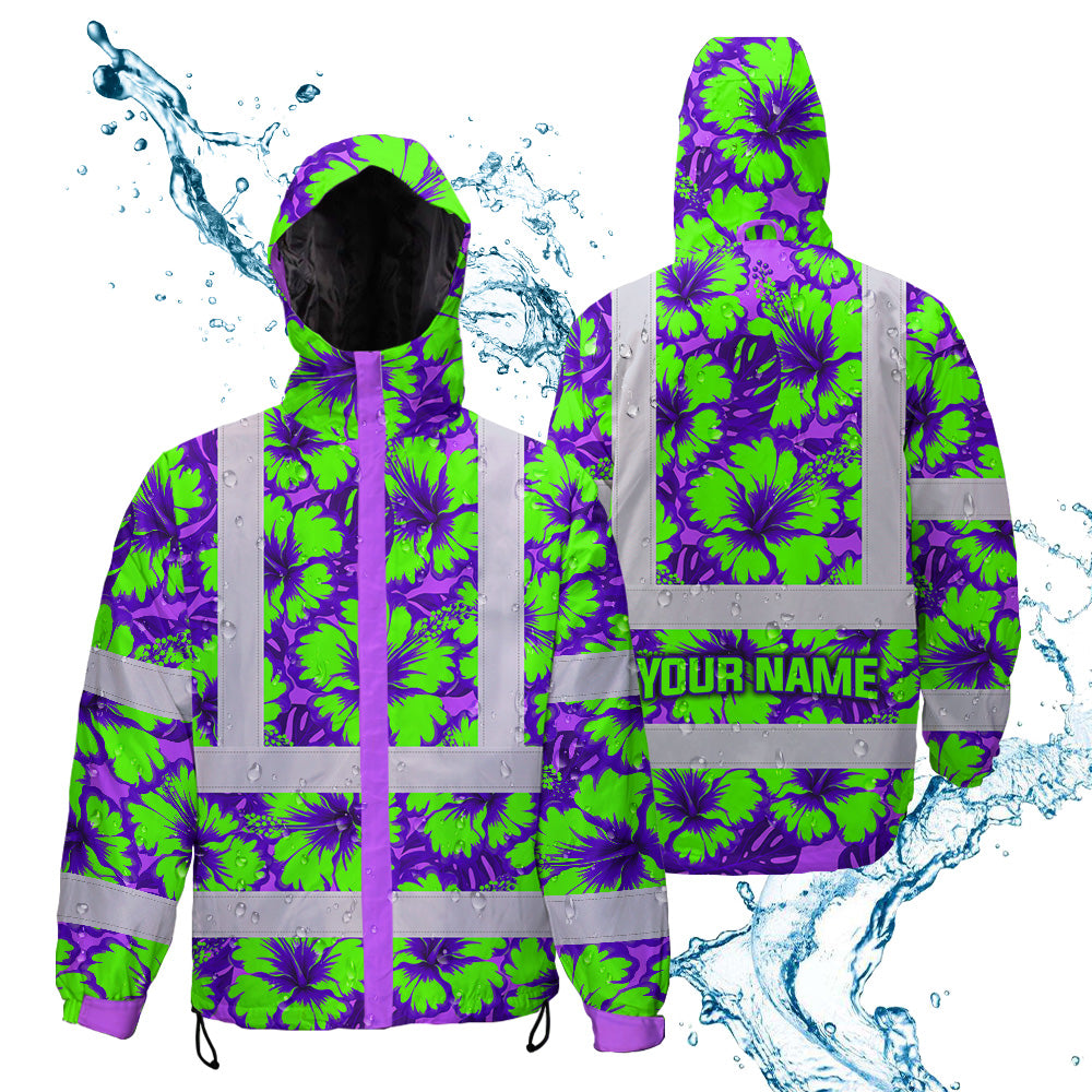 Hi Vis Jacket Waterproof Reflective Tapes Green Neon And Violet Flowers Custom Name Safety Workwear For Workers, Truckers, Operators