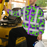 Hi Vis Jacket Waterproof Reflective Tapes Green Neon And Violet Flowers Custom Name Safety Workwear For Workers, Truckers, Operators