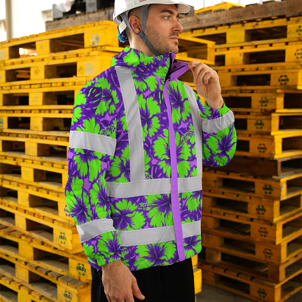 Hi Vis Jacket Waterproof Reflective Tapes Green Neon And Violet Flowers Custom Name Safety Workwear For Workers, Truckers, Operators
