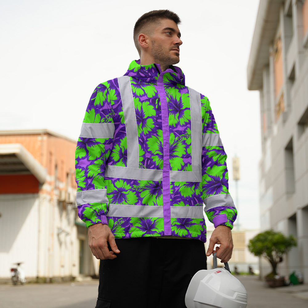 Hi Vis Jacket Waterproof Reflective Tapes Green Neon And Violet Flowers Custom Name Safety Workwear For Workers, Truckers, Operators