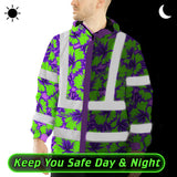 Hi Vis Jacket Waterproof Reflective Tapes Green Neon And Violet Flowers Custom Name Safety Workwear For Workers, Truckers, Operators