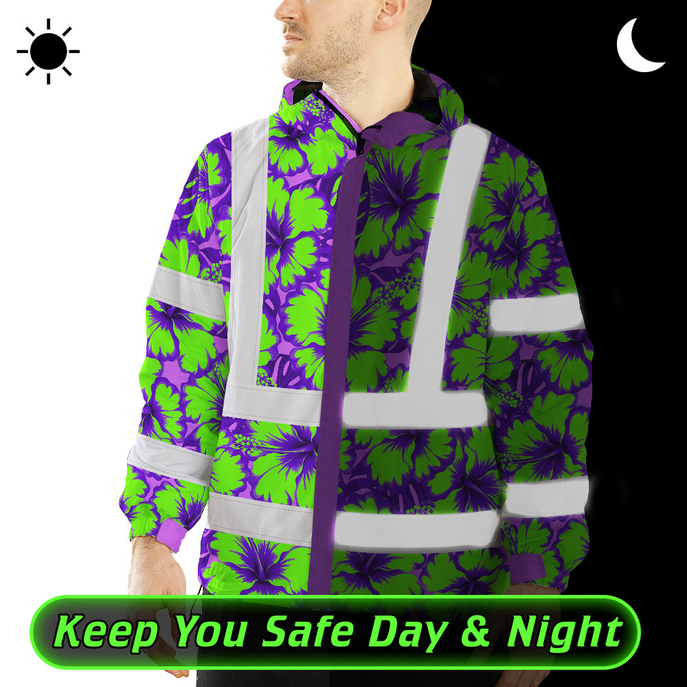 Hi Vis Jacket Waterproof Reflective Tapes Green Neon And Violet Flowers Custom Name Safety Workwear For Workers, Truckers, Operators