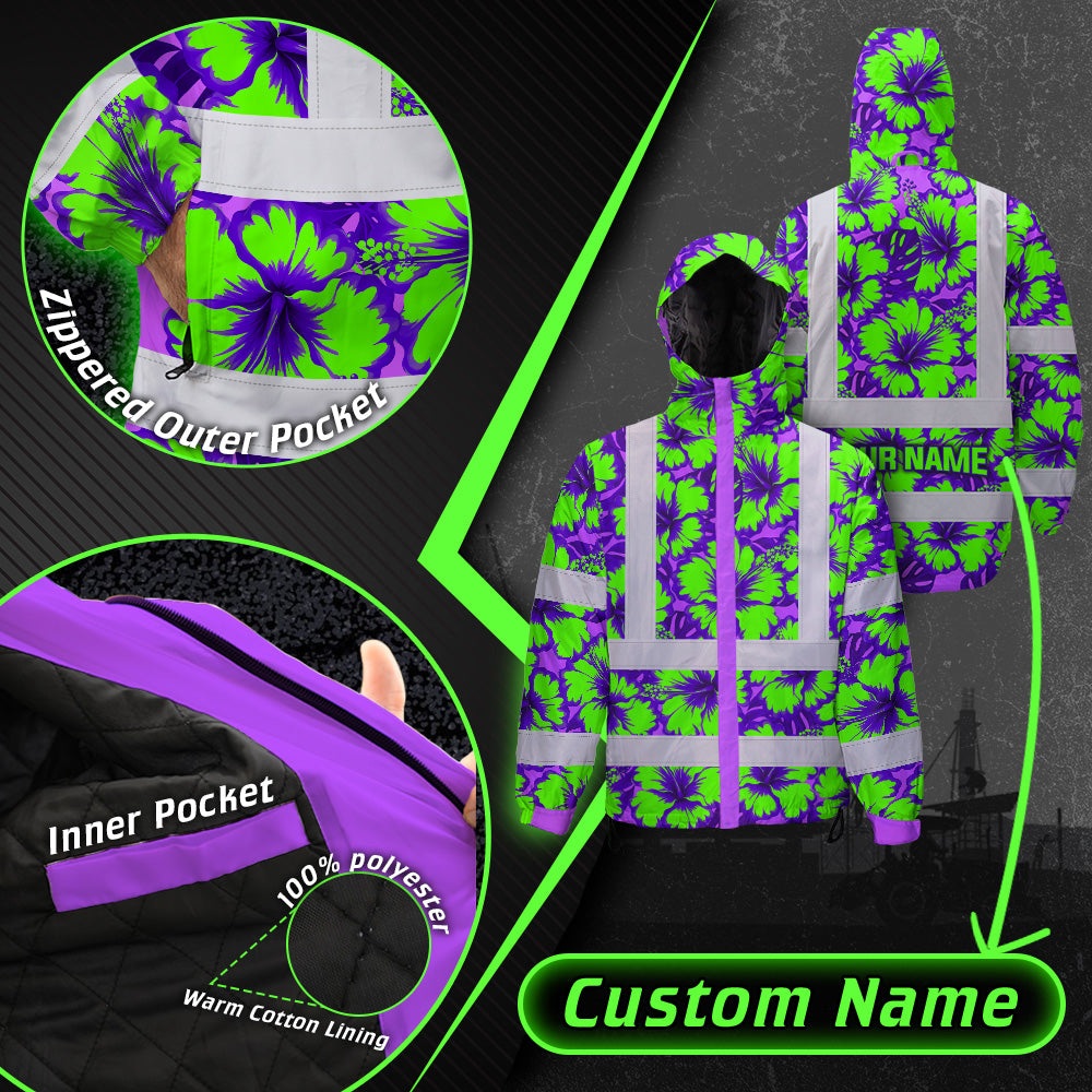 Hi Vis Jacket Waterproof Reflective Tapes Green Neon And Violet Flowers Custom Name Safety Workwear For Workers, Truckers, Operators