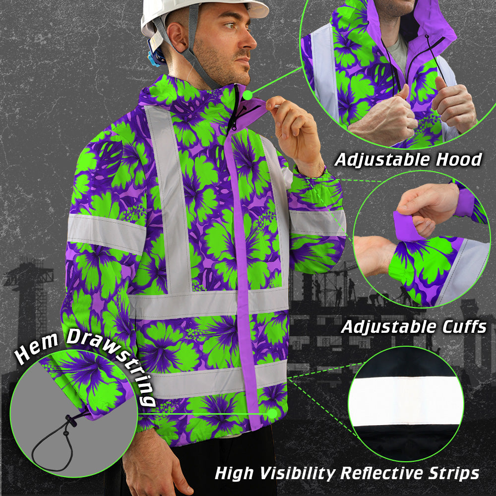 Hi Vis Jacket Waterproof Reflective Tapes Green Neon And Violet Flowers Custom Name Safety Workwear For Workers, Truckers, Operators