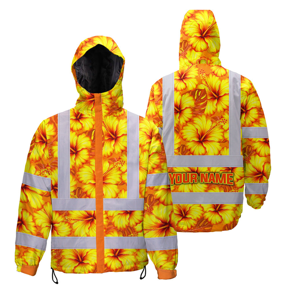 Hi Vis Jacket Waterproof Reflective Tapes Orange Neon And Yellow Flowers Custom Name Safety Workwear For Workers, Truckers, Operators