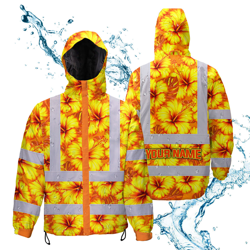 Hi Vis Jacket Waterproof Reflective Tapes Orange Neon And Yellow Flowers Custom Name Safety Workwear For Workers, Truckers, Operators