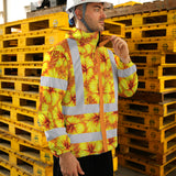 Hi Vis Jacket Waterproof Reflective Tapes Orange Neon And Yellow Flowers Custom Name Safety Workwear For Workers, Truckers, Operators