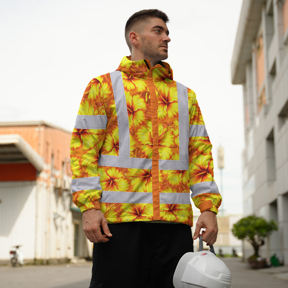 Hi Vis Jacket Waterproof Reflective Tapes Orange Neon And Yellow Flowers Custom Name Safety Workwear For Workers, Truckers, Operators