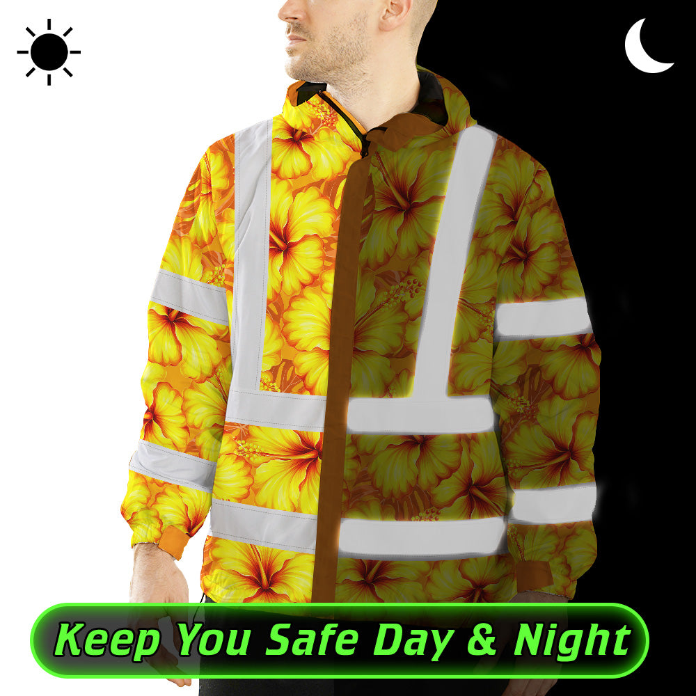 Hi Vis Jacket Waterproof Reflective Tapes Orange Neon And Yellow Flowers Custom Name Safety Workwear For Workers, Truckers, Operators