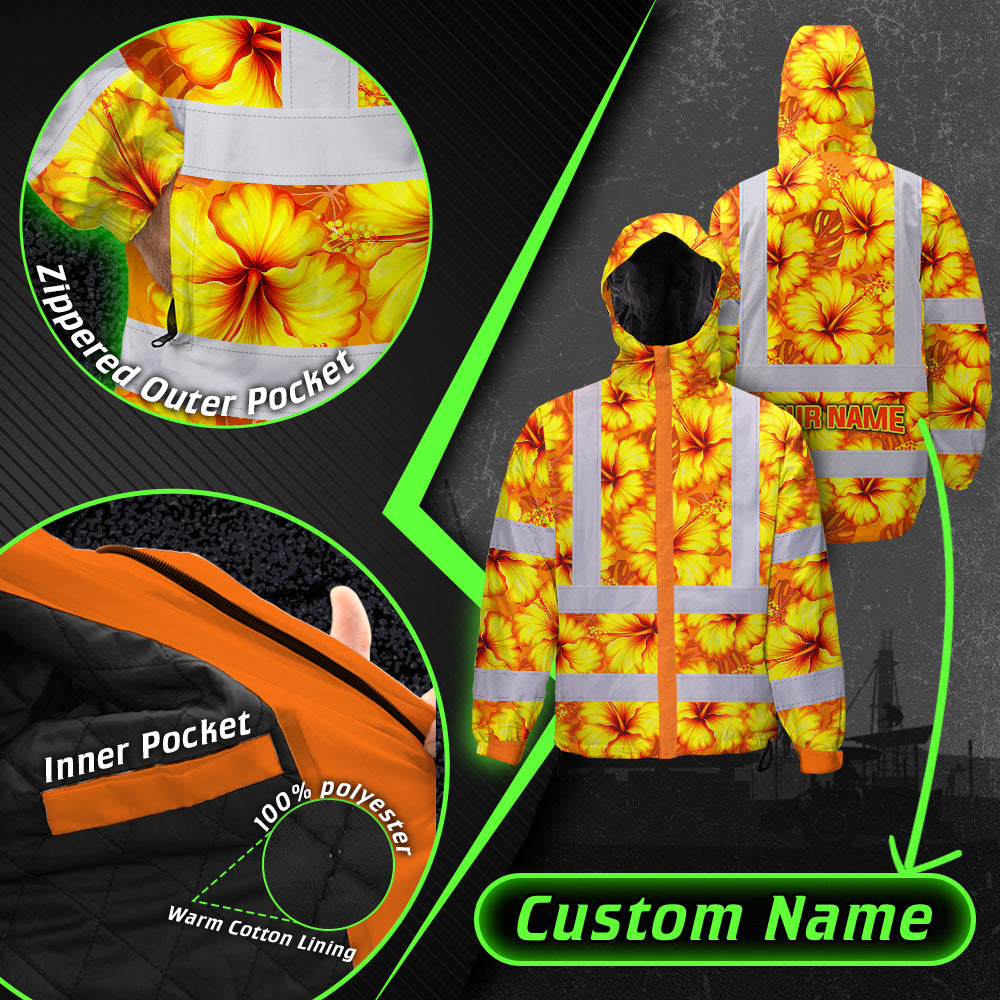 Hi Vis Jacket Waterproof Reflective Tapes Orange Neon And Yellow Flowers Custom Name Safety Workwear For Workers, Truckers, Operators