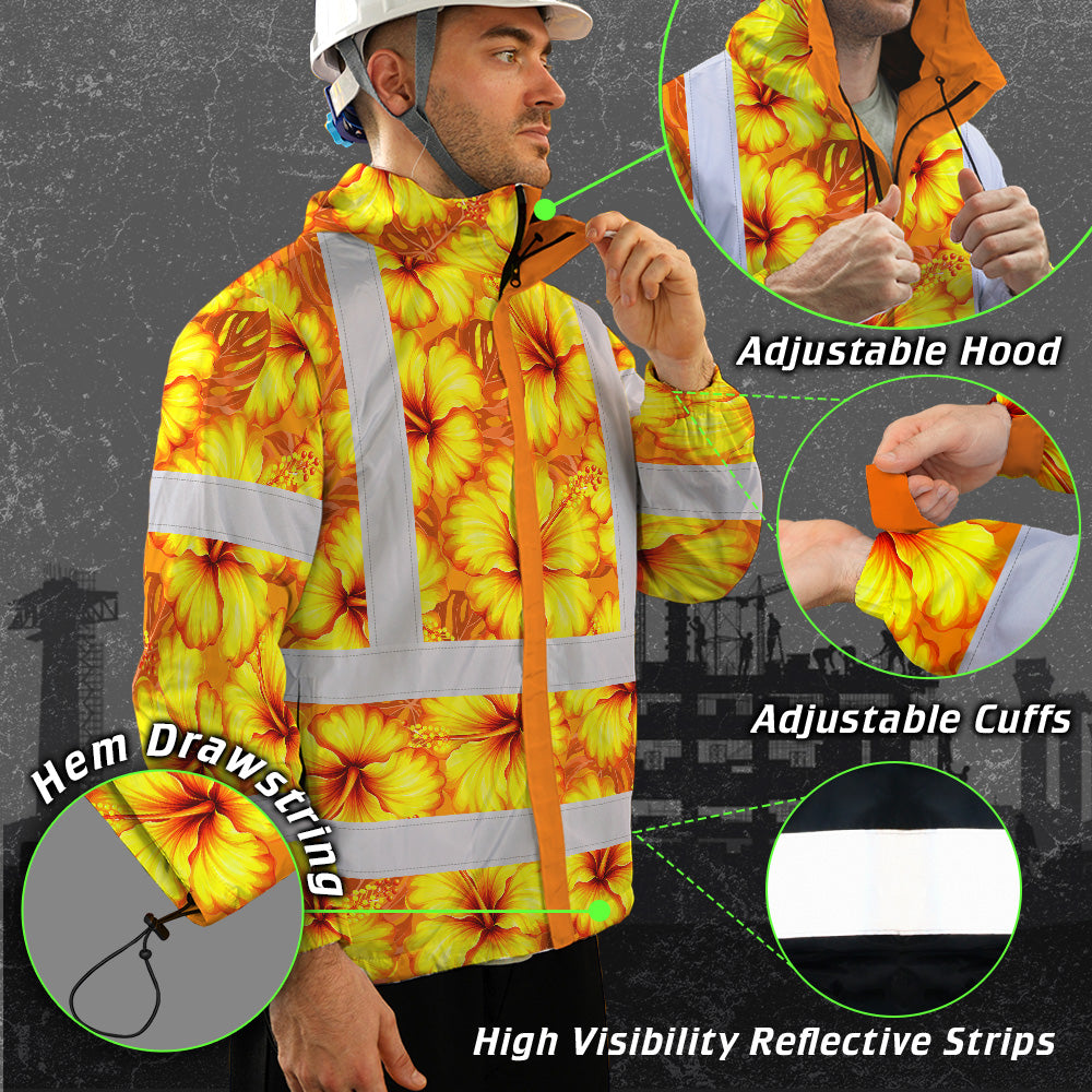 Hi Vis Jacket Waterproof Reflective Tapes Orange Neon And Yellow Flowers Custom Name Safety Workwear For Workers, Truckers, Operators