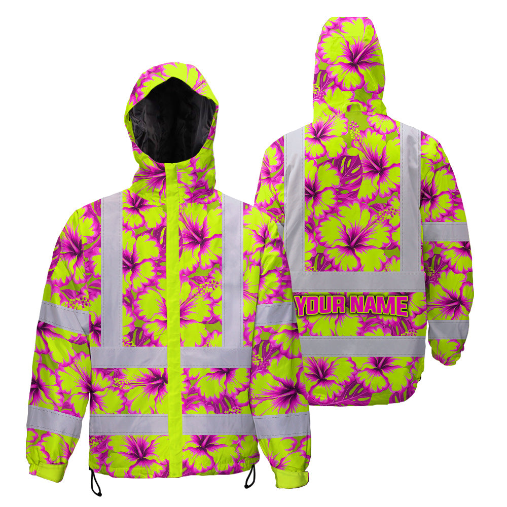 Hi Vis Jacket Waterproof Reflective Tapes Pink Neon And Lime Flowers Custom Name Safety Workwear For Workers, Truckers, Operators