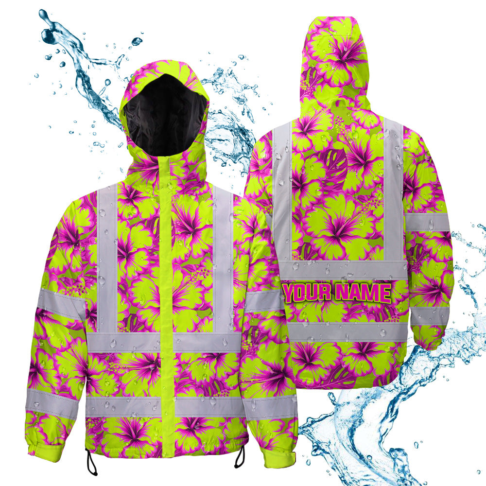 Hi Vis Jacket Waterproof Reflective Tapes Pink Neon And Lime Flowers Custom Name Safety Workwear For Workers, Truckers, Operators