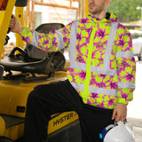 Hi Vis Jacket Waterproof Reflective Tapes Pink Neon And Lime Flowers Custom Name Safety Workwear For Workers, Truckers, Operators