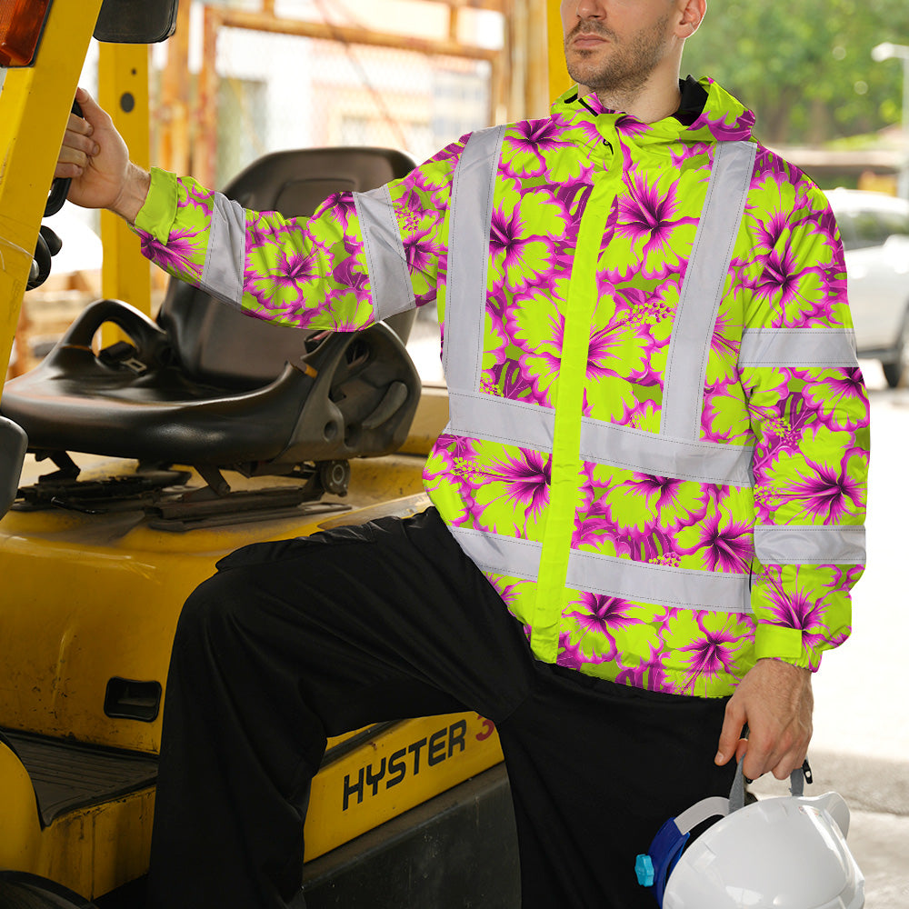 Hi Vis Jacket Waterproof Reflective Tapes Pink Neon And Lime Flowers Custom Name Safety Workwear For Workers, Truckers, Operators