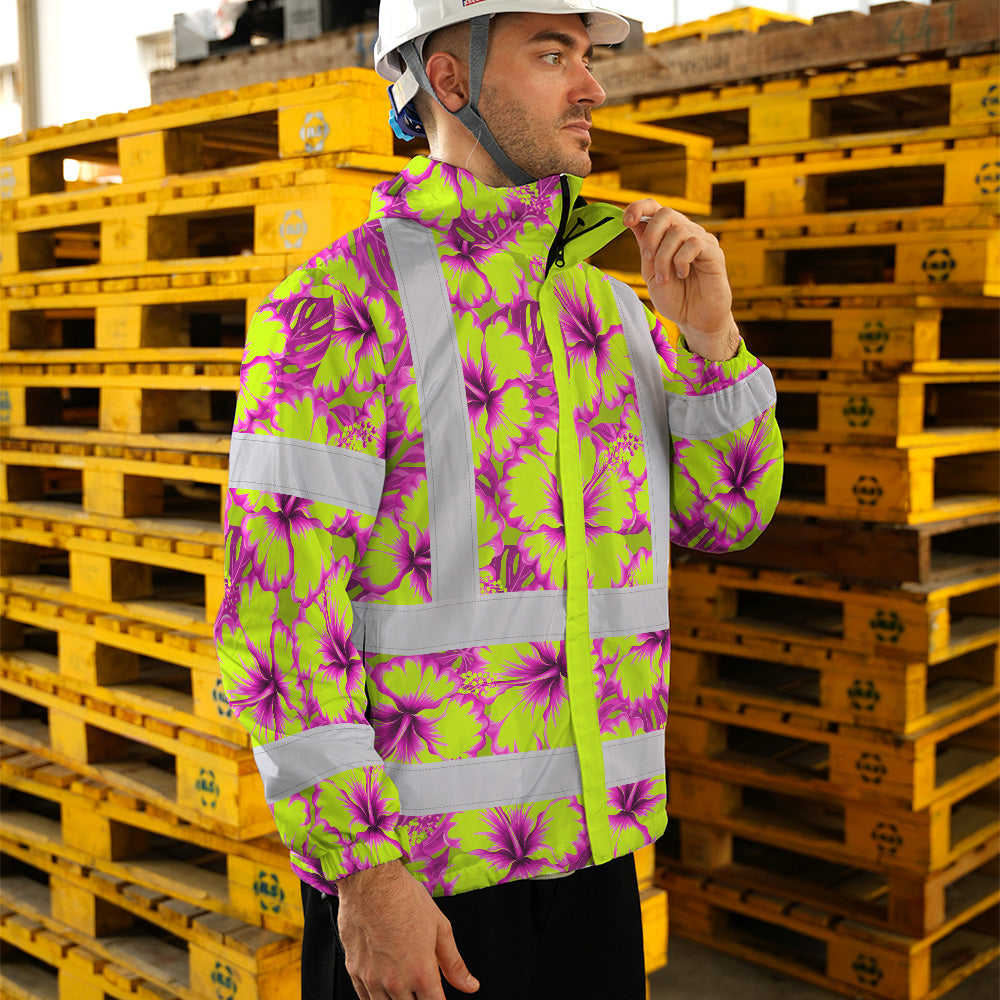 Hi Vis Jacket Waterproof Reflective Tapes Pink Neon And Lime Flowers Custom Name Safety Workwear For Workers, Truckers, Operators