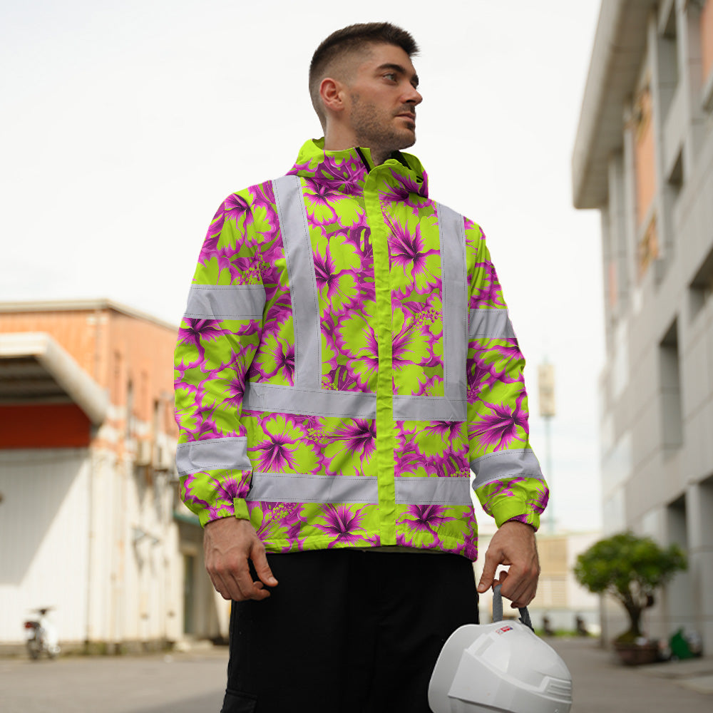 Hi Vis Jacket Waterproof Reflective Tapes Pink Neon And Lime Flowers Custom Name Safety Workwear For Workers, Truckers, Operators