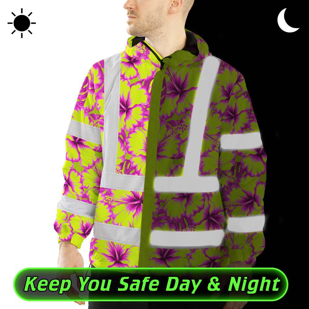 Hi Vis Jacket Waterproof Reflective Tapes Pink Neon And Lime Flowers Custom Name Safety Workwear For Workers, Truckers, Operators